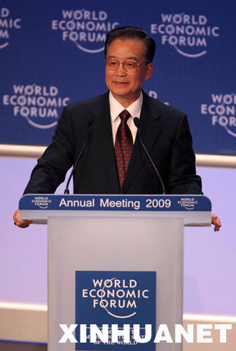 1月28日,中国国务院总理温家宝在瑞士达沃斯世界经济论坛2009年年会上发表特别致辞。新华社记者姚大伟摄