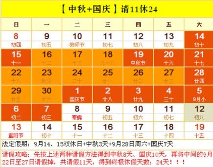 “中秋国庆请假攻略”出炉 请11天假可连休24天