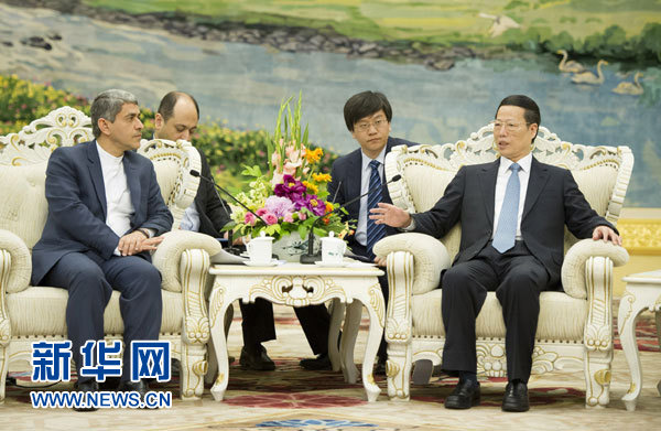 张高丽在人民大会堂会见伊朗经济事务与财政部长阿里·塔伊布尼亚。