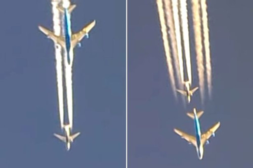 视频截图:其中一架波音747突然加速,超过了另一架波音737,但仅仅过了几秒钟,波音737也开始加速,超越了波音747。随后,两架飞机开始互相追逐,都想飞得比对方快。