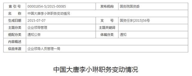 国资委:同意李小琳为中国大唐集团公司副总经理