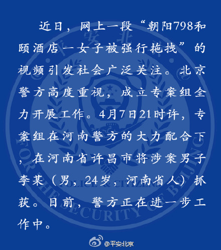 中新网4月8日电 据北京市公安局官方微博消息,北京警方将涉“和颐酒店袭击女子”事件涉案男子抓获。