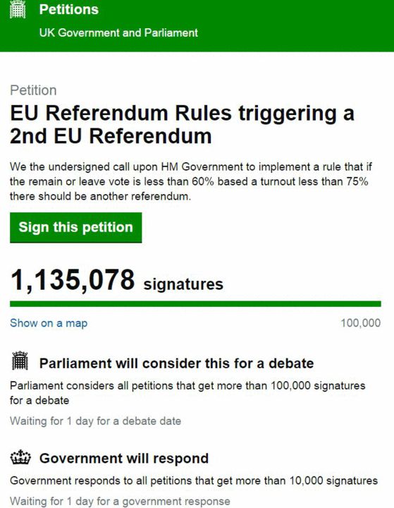超过100万人在英国议会网站上联署 来源:英国议会网站
